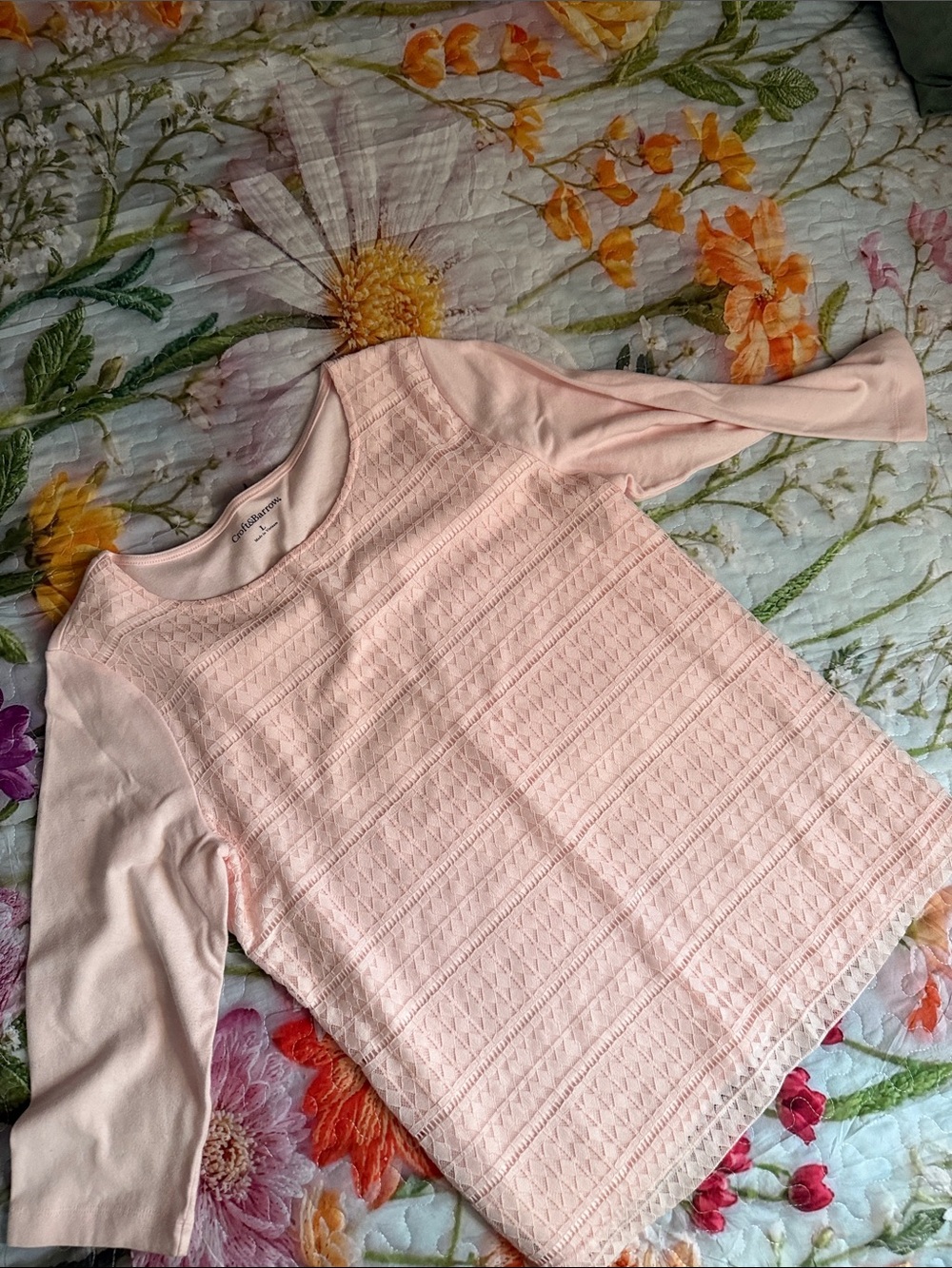 croft & barrow Pale Pink Long Sleeve Lace-Textured Front Top NWOT